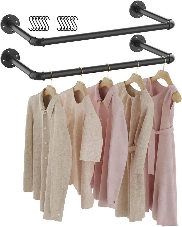 Retadou Set van 2 industriële kledingstangen 54 cm kledingrekken voor aan de muur kledingrek wandmontage compleet garderobesysteem zwart