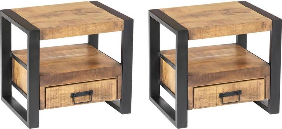 Vente-unique Set van 2 industriële nachtkastjes 1 lade en 1 opbergvak Mangohout en metaal HARLEM L 50 cm x H 45 cm x D 40 cm