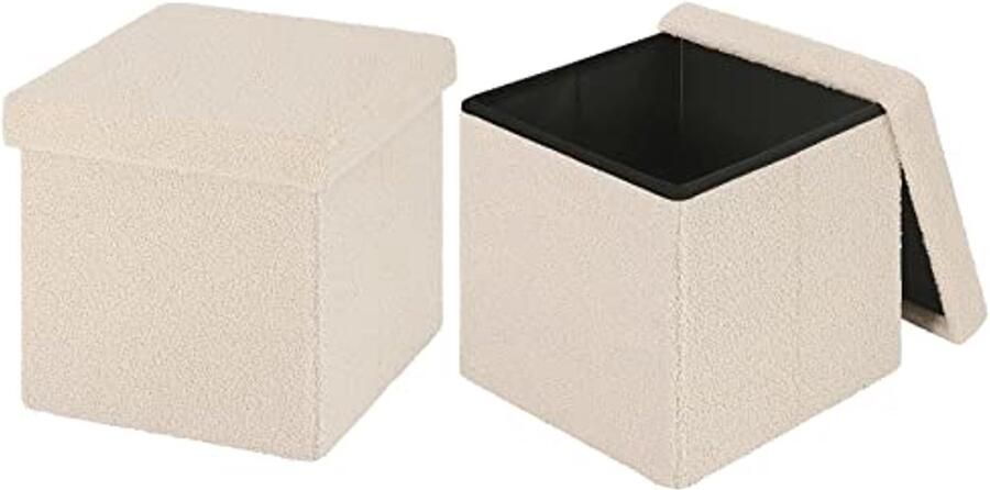 Set van 2 Inklapbare Kubuspoefen Footstools met 38 Liter Inhoud Pluche Beige