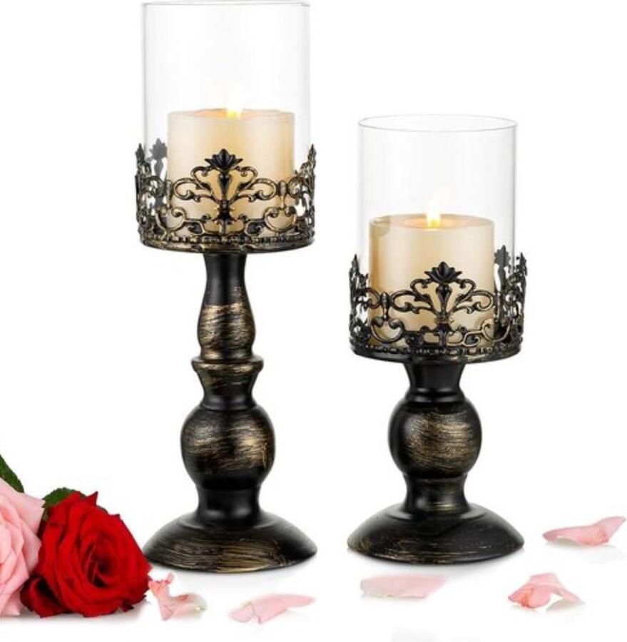 Set van 2 Kandelaars voor Pilaarkaarsen met Glazen Schermkap Antieke Metalen Orkaankandelaar Perfect voor Thuis Bruiloft Open Haard Eettafel Middelpunt Decoratie