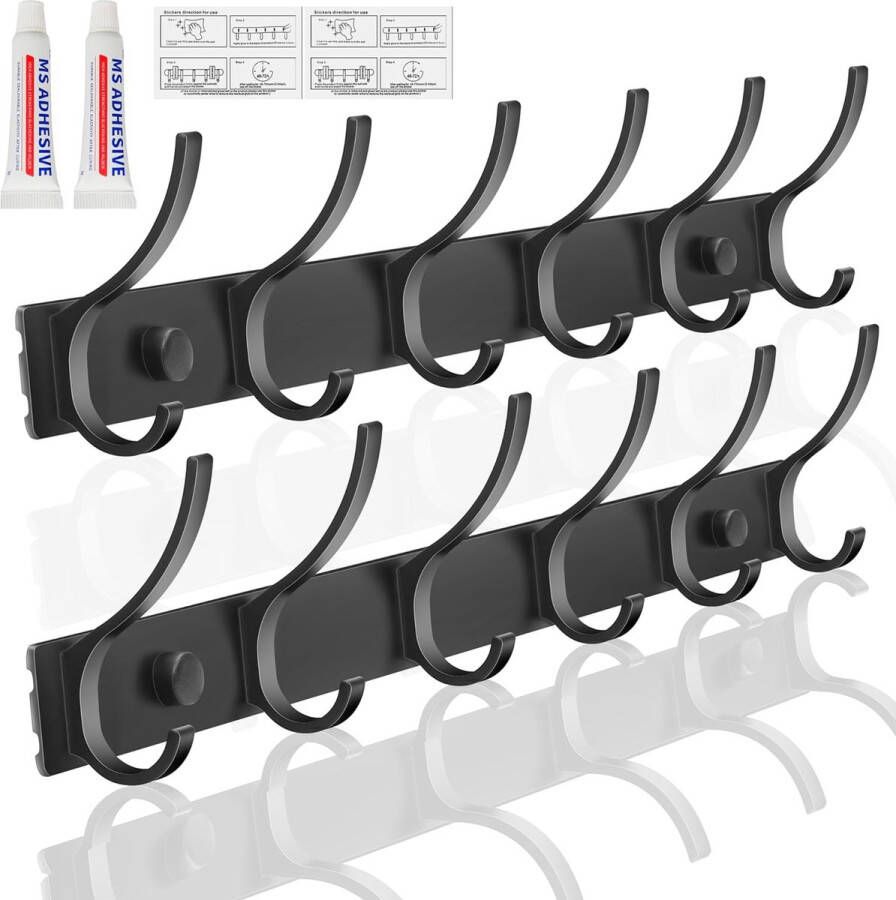 Set van 2 kapstokken wandkapstok met 6 haken kapstok metalen jashouder wandkapstok haakrek kapstok zwart voor kleding slaapkamer badkamer keuken kantoor