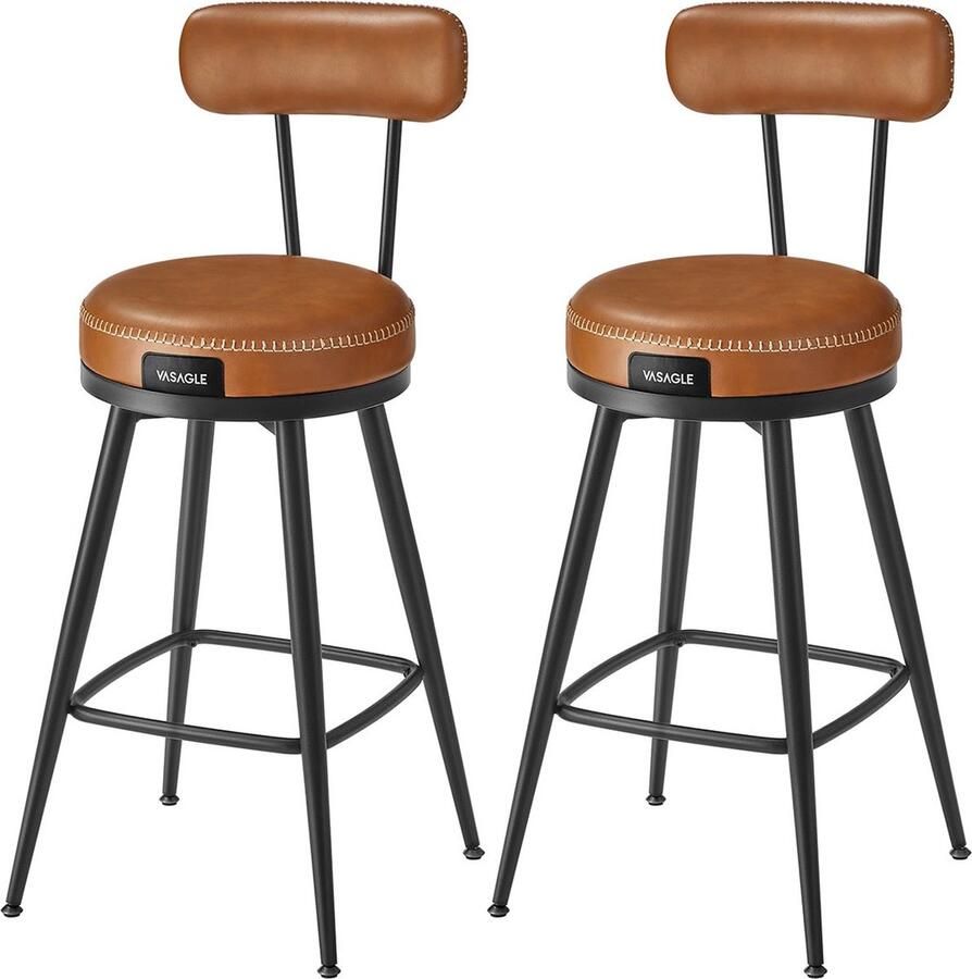 Rootz Living Rootz Set van 2 Karamelbruine Barstoelen Hoge Kruk Keukenkruk PU Leer 54cm x 54cm x 91cm (D x B x H)