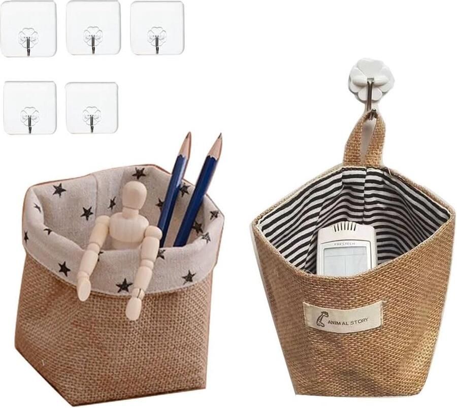 Set van 2 katoenen linnen opbergzakken voor aan de muur hangende organizer van stof met 4 zelfklevende transparante haken zwarte vijfsterren blauwe strepen - Foto 2