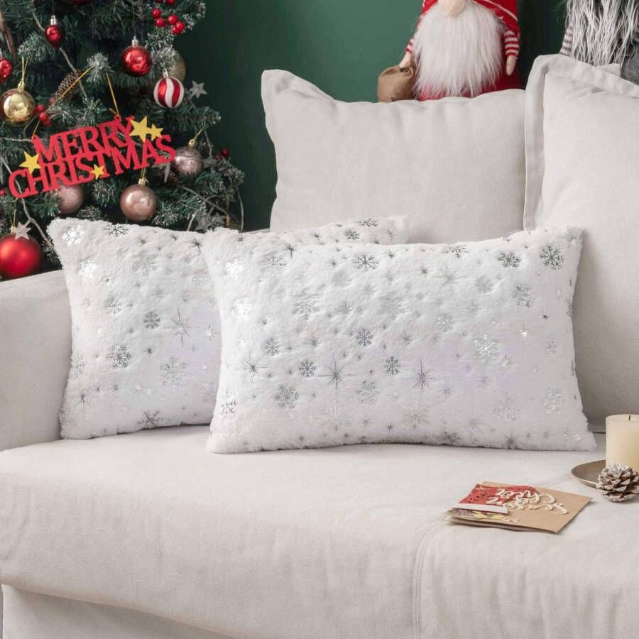 Set van 2 kerstkussenslopen nepbont kussensloop pluizig zacht decoratief met sneeuwpatronen rechthoekige kussenslopen pluche hoes voor bank slaapkamer 12 x 20 inch 30 x 50 cm wit