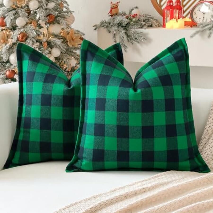 Set van 2 kersttartan kussenslopen 40 x 40 cm – Decoratieve linnen kussens met gestikte rand voor bank en bed