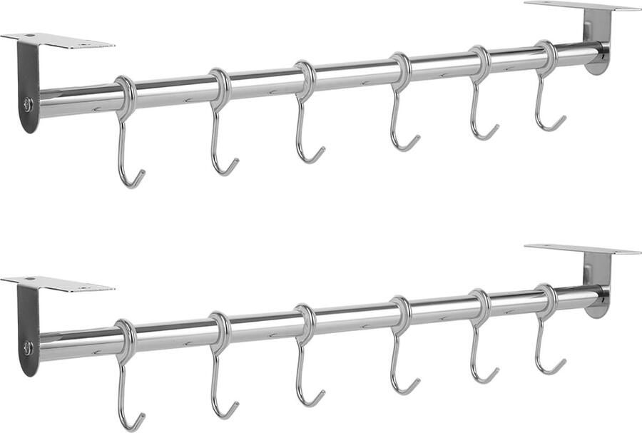Set van 2 keukenhaakrekken roestvrij staal 40 cm zelfklevend hakenrek keukenrek met 6 haken keukengereihouder zonder boren voor keuken en badkamer