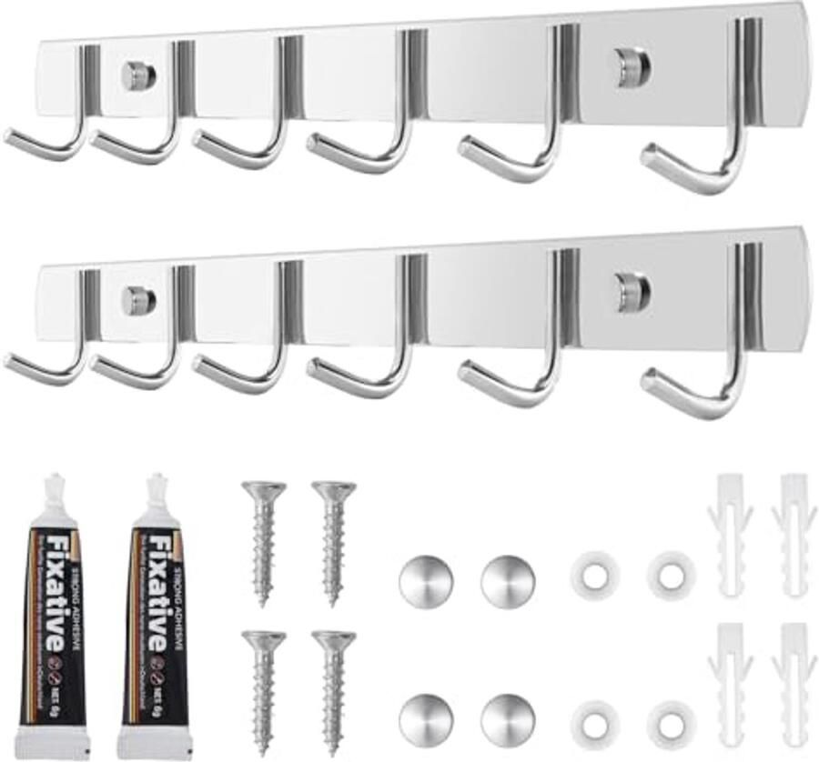 Set van 2 keukenhaken kapstokken van roestvrij staal 304 kapstok met 6 haken eenvoudige installatie wandkapstokken kapstokken voor keuken badkamer woonkamer hal (31 cm)