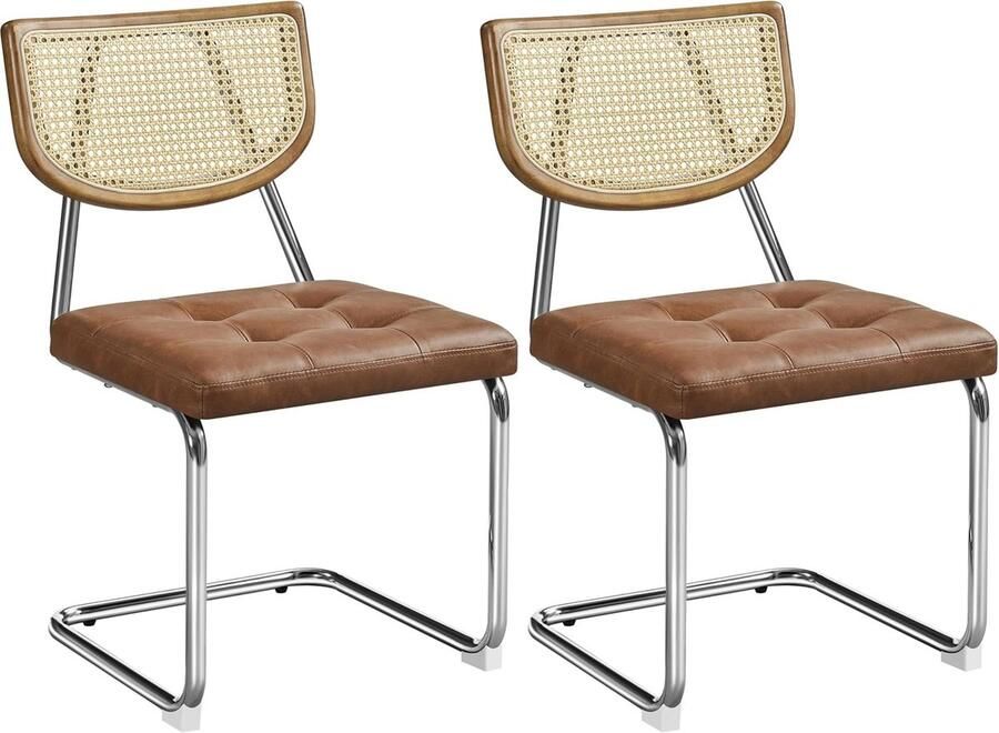 Set van 2 keukenstoelen rotan rugleuning eetkamerstoelen metalen frame schommelstoel voor eetkamer keuken woonkamer restaurant imitatieleer retro bruin