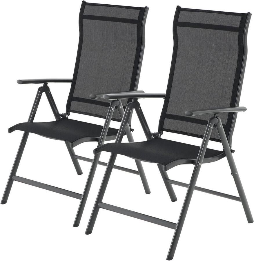 Set van 2 klapstoelen met verstelbare rugleuning en robuust aluminium frame voor outdoor gebruik belastbaar tot 120 kg in de kleur zwart