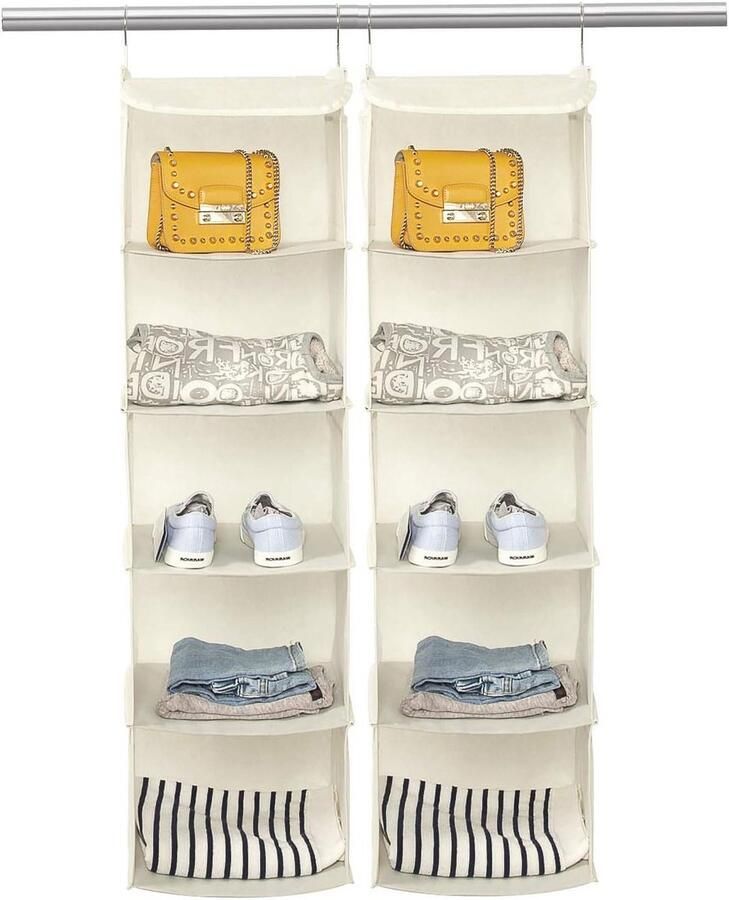 Set van 2 Kledingorganizers voor de Kast met 5 Compartimenten en 6 Zijvakken Inclusief 2 Haken 30 x 30 x 108 cm Beige Ideaal voor Ruimtebesparing en Orde in de Kledingkast - Foto 2