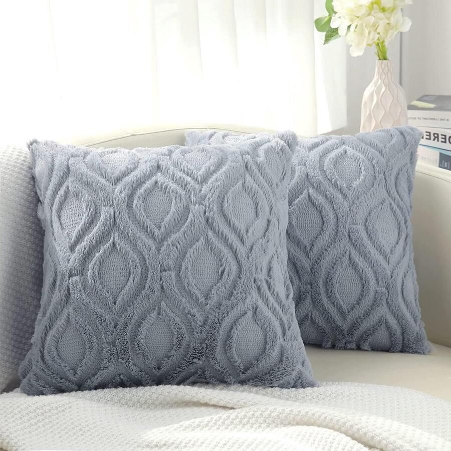 Set van 2 kunstbont kussenslopen 60 x 60 cm zachte pluche decoratieve fluwelen kussenhoes vierkant boho neutrale kussensloop voor bank grijs kussenhoes 60x60