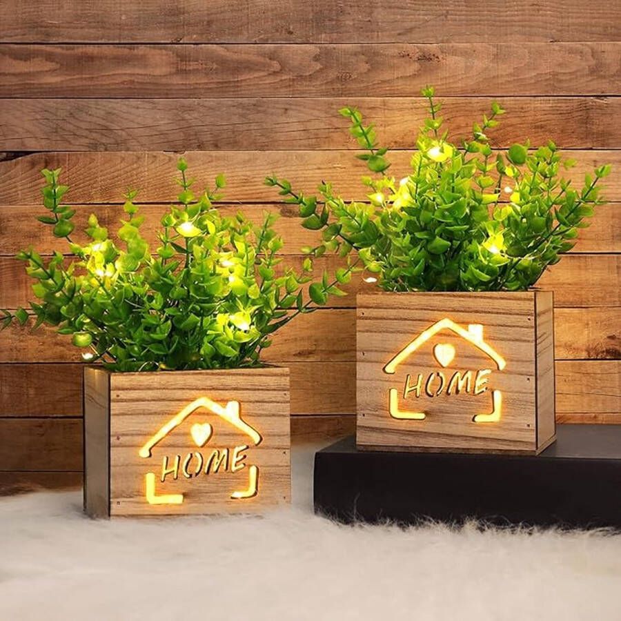Set van 2 kunstplanten met led-verlichting in houten kist 11 x 9 x 26 cm kunstplanten in pot voor thuiskantoor bureau keukendecoratie Valentijnsdag Moederdag
