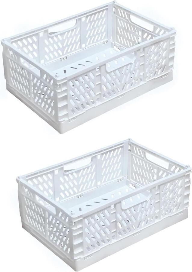 Set van 2 Kunststof Vouwdozen voor Kinderkamer Keuken Slaapkamer Kantoor Badkamer Opvouwbare Opbergmand Klapbox Wit 30×20×12 cm