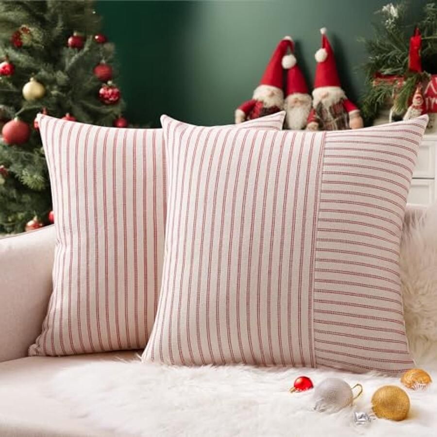 Set van 2 Kussenhoezen 40 x 40 cm Katoen Linnen met Strepen Decoratieve Kussens voor Bank en Woonkamer