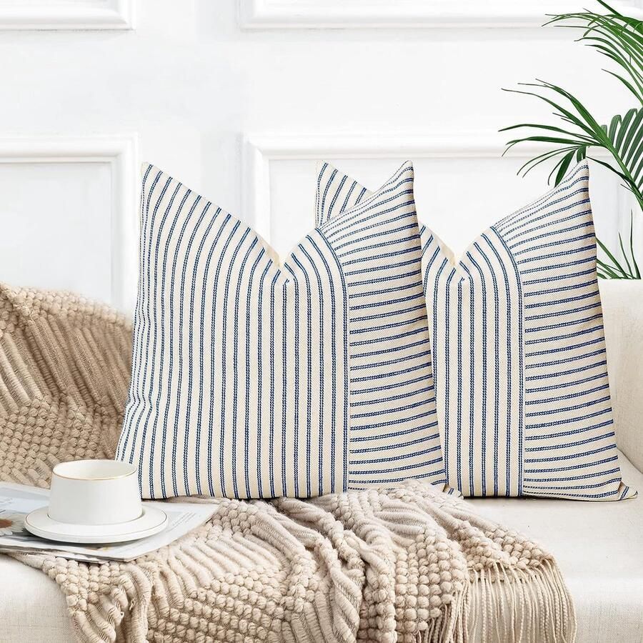 Set van 2 kussenhoezen 45 x 45 cm katoen-linnen kussenhoes bankkussen strepen sierkussen boho decoratieve kussenhoezen decoratieve kussenhoezen voor bank woonkamer slaapkamer buitenkussen blauw