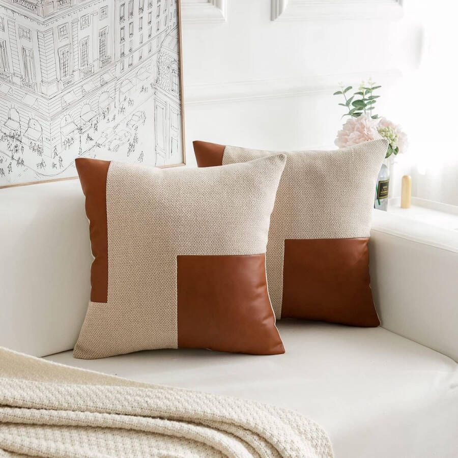 Set van 2 kussenhoezen decoratieve rechthoekige kunstlederen kussenhoezen linnen bankkussens sierkussens lendenkussen eenkleurig voor bank slaapkamer 45 x 45 cm lichtbruin
