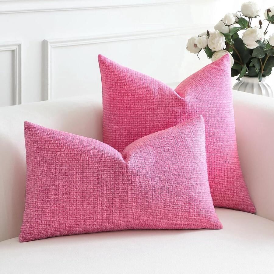 Set van 2 kussenhoezen effen linnenlook kussenslopen moderne sierkussens voor bank slaapkamer thuis decoratie 60 x 60 cm rozerood