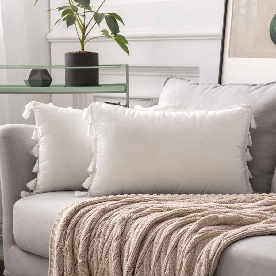 Set van 2 kussenhoezen van fluweel met kwastjes decoratieve kussenhoezen met kwastjes en verborgen ritsen voor banken slaapkamers auto's puur wit 30x50cm