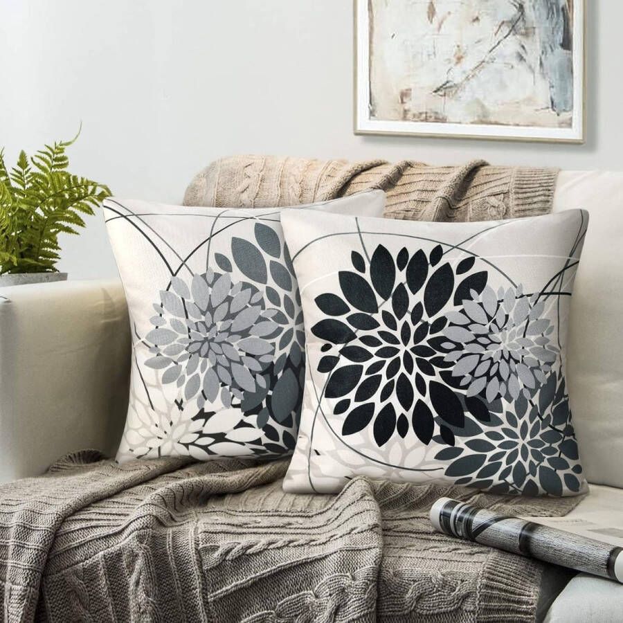 Set van 2 kussenslopen 40 x 40 cm moderne geometrie dahlia bloem decoratieve kussenhoezen zwart grijs sofakussen tuinkussen linnen voor bank slaapkamer woonkamer Merk: RYBornament