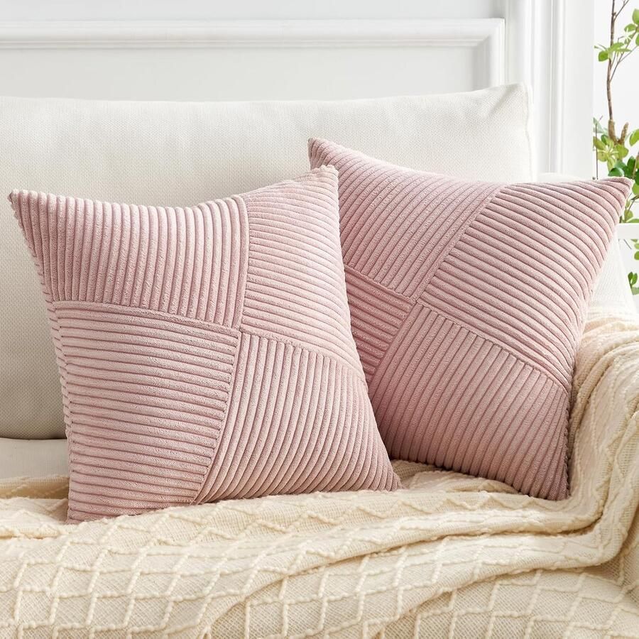 Set van 2 kussenslopen 45 x 45 cm oudroze corduroy kussenslopen kussenovertrek decoratieve kussensloop bankkussen sierkussen decoratie voor bank slaapkamer woonkamer bed
