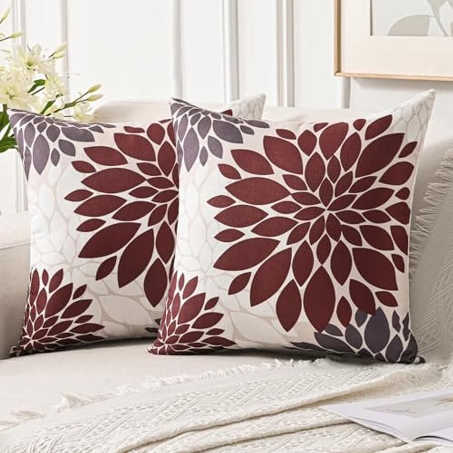 Set van 2 Kussenslopen 50 x 50 cm Rood en Grijs Leren Zomer Kussenhoezen met Decoratieve Bloemen Herfst Kussenhoezen voor Slaapkamer Bank en Buiten