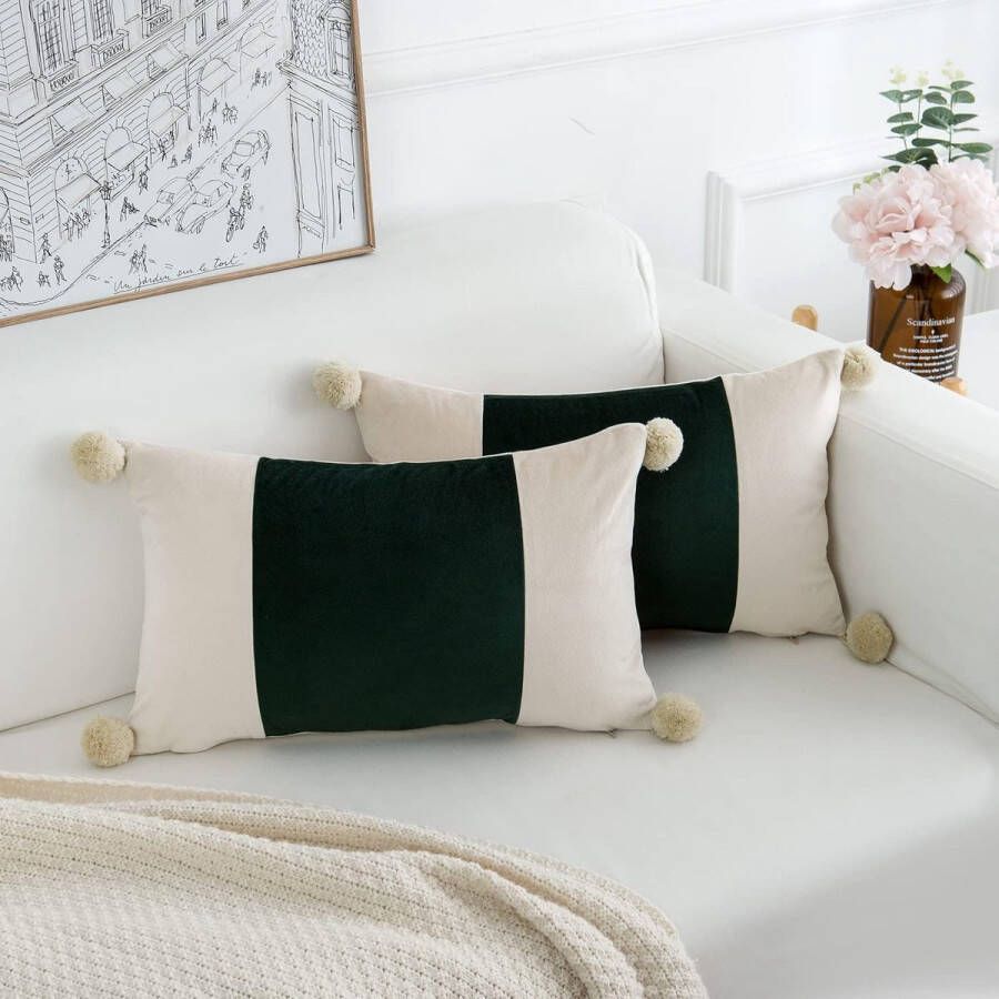 Set van 2 kussenslopen decoratief kunstleer rechthoekig met pompon kussenovertrek bankkussen sierkussen effen voor bank slaapkamer 30 x 50 cm groen