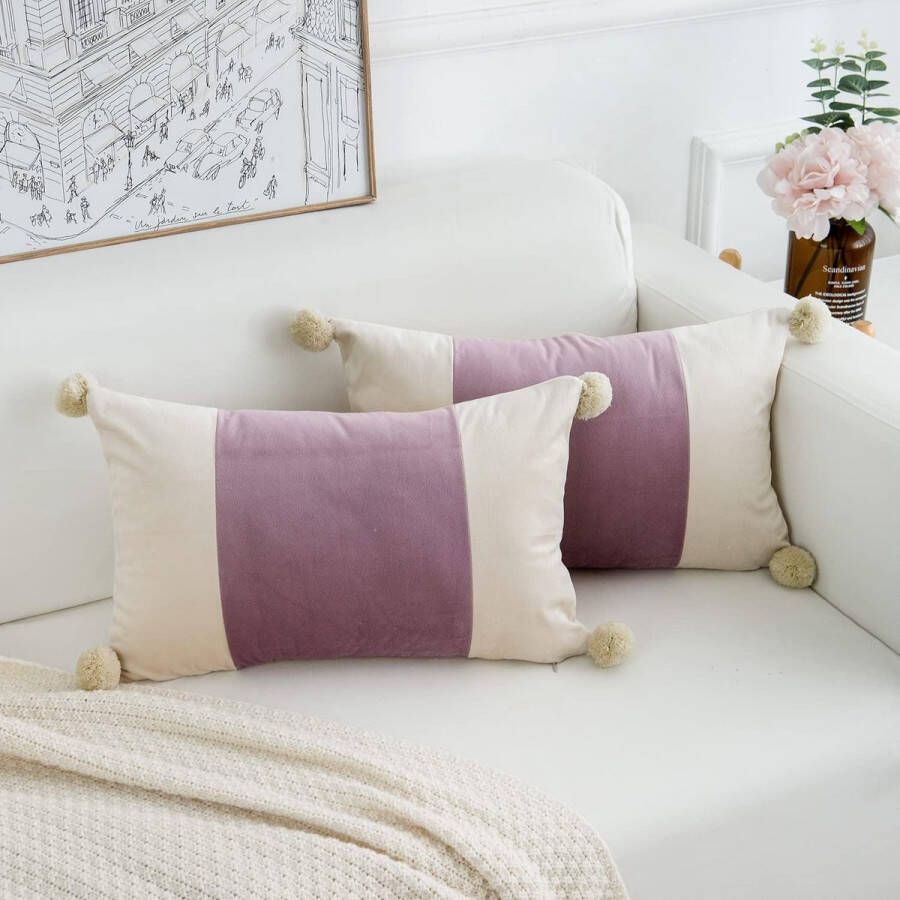 Set van 2 kussenslopen decoratief kunstleer rechthoekig met pompons kussenovertrek bankkussen sierkussen eenkleurig voor bank slaapkamer 30 x 50 cm paars-roze