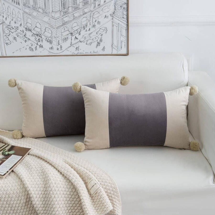 Set van 2 kussenslopen decoratief kunstleer rechthoekig met pompons kussenovertrek bankkussen sierkussen eenkleurig voor bank slaapkamer 30 x 50 cm grijs