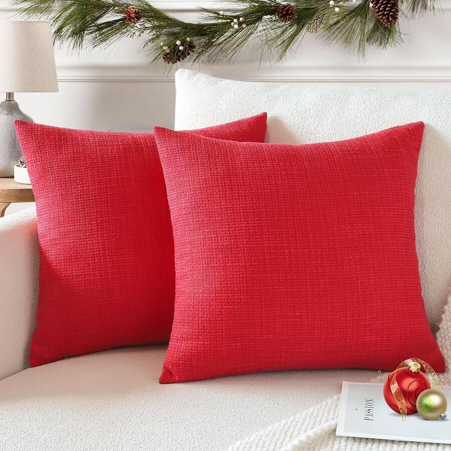 Set van 2 kussenslopen effen linnenlook kussenslopen moderne sierkussens voor bank slaapkamer thuis decoratie 40 x 40 cm rood
