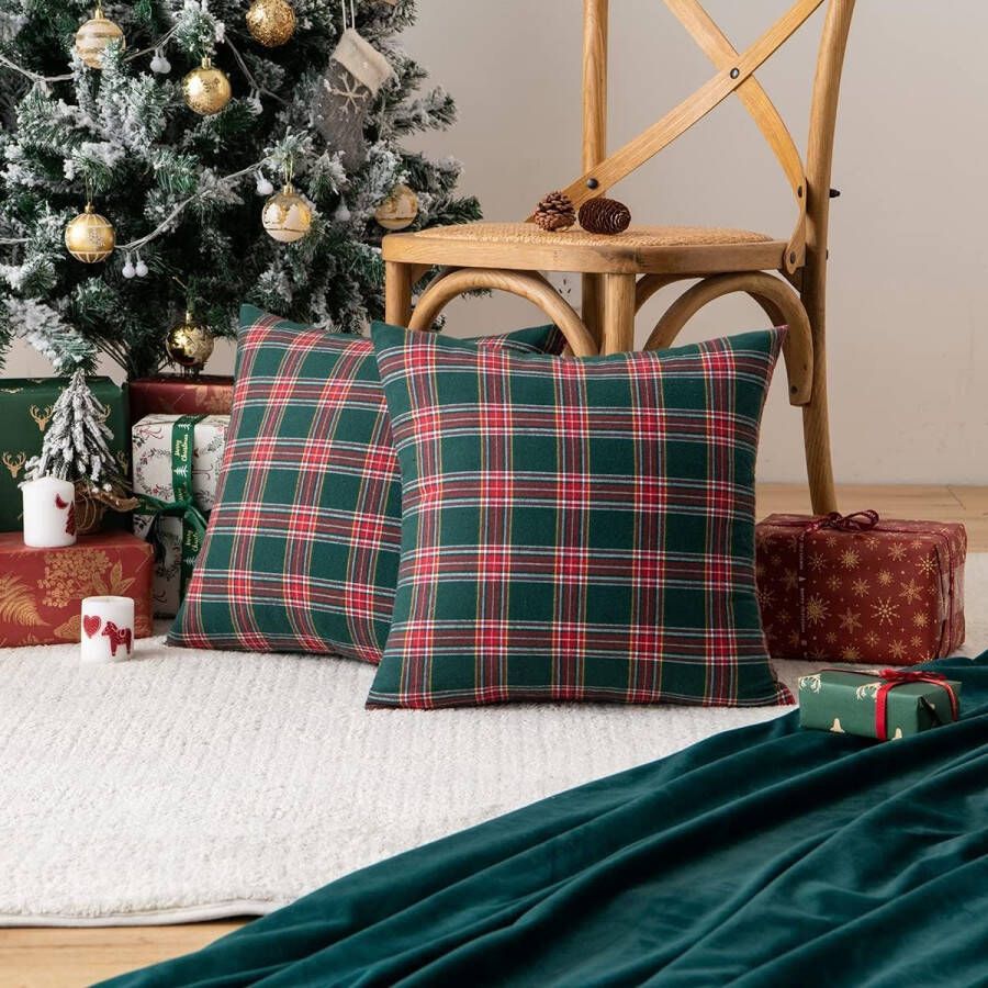 Set van 2 kussenslopen geruit plaid kussenslopen 45 x 45 cm decoratieve kussenslopen van katoen polyester voor woonkamer bank slaapkamer (rood en groen)