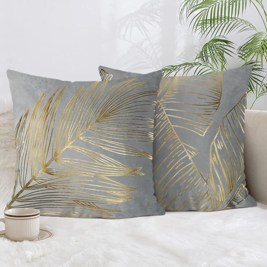 Set van 2 kussenslopen gouden bladeren 40 x 40 cm fluweel zacht grijs decoratieve kussenhoezen goudfolieprint sierkussenslopen voor bank slaapkamer woonkamer woondecoratie