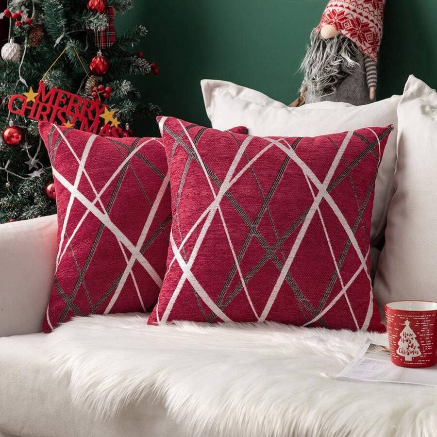 Set van 2 kussenslopen kerstkussens chenille sierkussen decoratieve bankkussens moderne kussenslopen sierkussen overtrek decoratieve bankkussens bank slaapkamer 50 x 50 cm rood