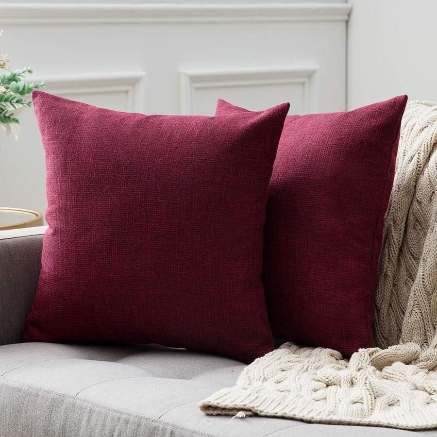Set van 2 kussenslopen linnenlook decoratief kruis verborgen ritssluiting bank slaapkamer 40 x 40 cm crimson