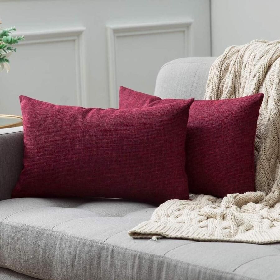 Set van 2 kussenslopen linnenlook decoratieve kussenovertrek decoratief kruis verborgen ritssluiting bank & slaapkamer 30 x 50 cm crimson binnenkussen 40x40