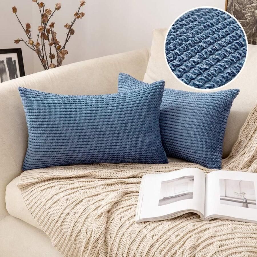 Set van 2 kussenslopen sierkussens kussenhoezen sierkussens bankkussens corduroy zacht bankkussen overtrek voor bank en woonkamer 30 x 50 cm blauw