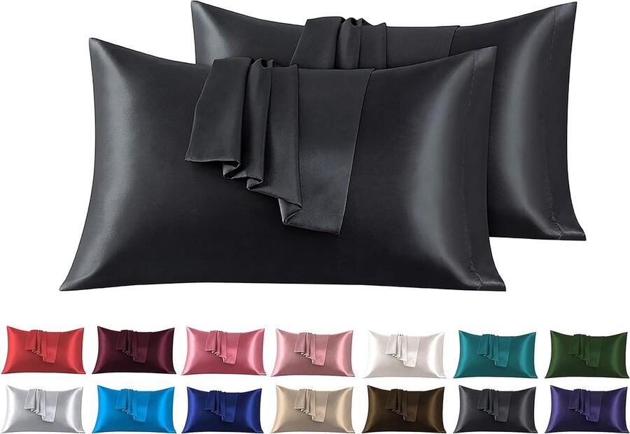 Set van 2 kussenslopen van satijn 50 x 75 cm zwart voor bed zacht bij aanraking met zaksluiting antimijt en hypoallergeen bescherming voor haar huid en antirimpels