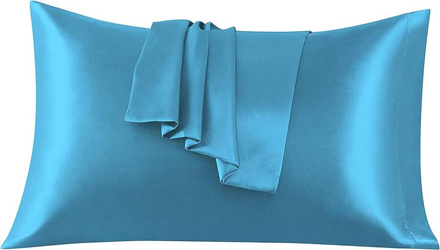 Set van 2 kussenslopen van satijn 50 x 80 cm azuurblauw voor bed zacht bij aanraking met zaksluiting antimijt en hypoallergeen bescherming voor haar huid en antirimpels
