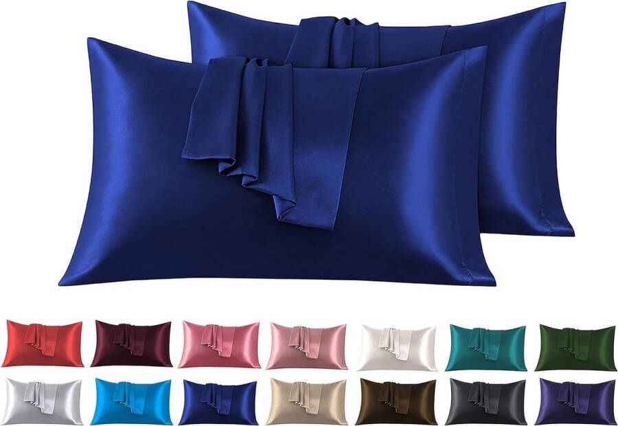 Set van 2 kussenslopen van satijn 50 x 80 cm donkerblauw voor bed zacht bij aanraking met zaksluiting antimijt en hypoallergeen bescherming voor haar huid en antirimpels