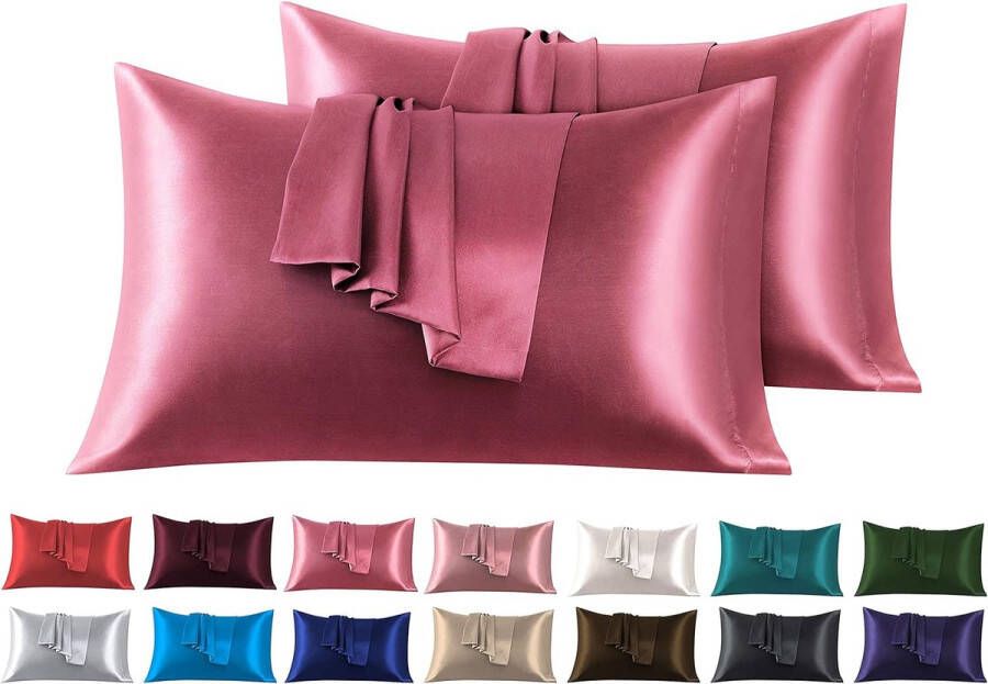 Set van 2 kussenslopen van satijn 50 x 80 cm donkerroze voor bed zacht bij aanraking met zaksluiting antimijt en hypoallergeen bescherming voor haar huid en antirimpels