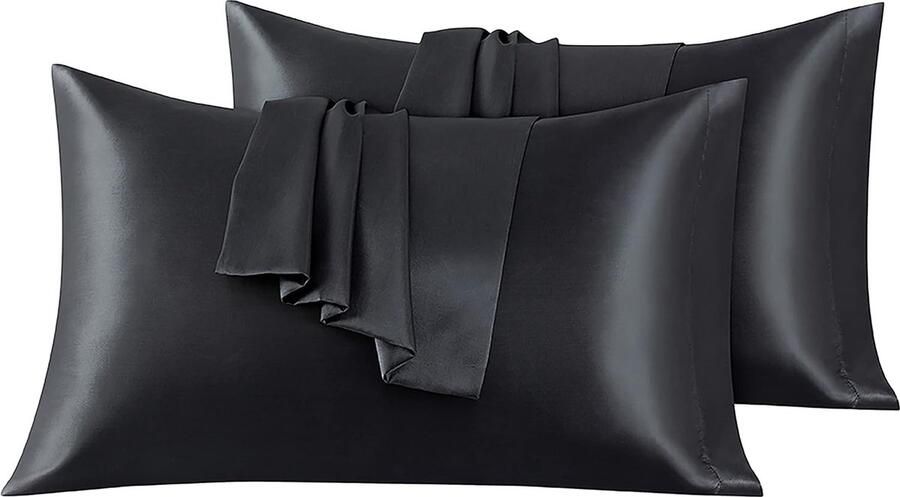 Set van 2 kussenslopen van satijn 50 x 80 cm zwart voor bed zacht bij aanraking met zaksluiting antimijt en hypoallergeen bescherming voor haar huid en antirimpels