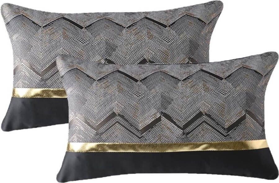 Set van 2 kussenslopen voor bank auto slaapkamer luxe moderne minimalistische gouden lederen naden golfstrepen sierkussen kussenhoes kussensloop 30 x 50 cm zwart