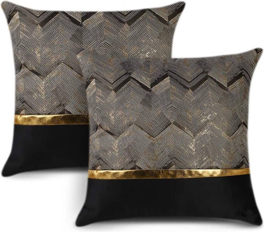 Set van 2 kussenslopen voor bank auto slaapkamer luxe moderne minimalistische gouden lederen stiksels golvende streep decoratieve kussensloop 45 x 45 cm (zwart)