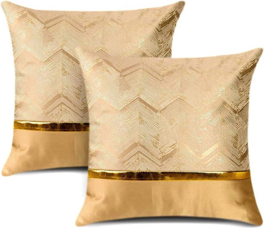 Set van 2 kussenslopen voor bed- bank- en autodecoratie. Luxe moderne minimalistische gouden lederen stiksels met golvende strepen. Vierkante kussensloop slopen voor decoratiekussens 45 x 45 cm (goudkleurig)