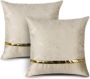 Set van 2 kussenslopen voor bed- bank- en autodecoratie. Luxe moderne minimalistische gouden lederen stiksels met golvende strepen. Vierkante kussensloop slopen voor decoratiekussens 45 x 45 cm (beige) - Thumbnail 2