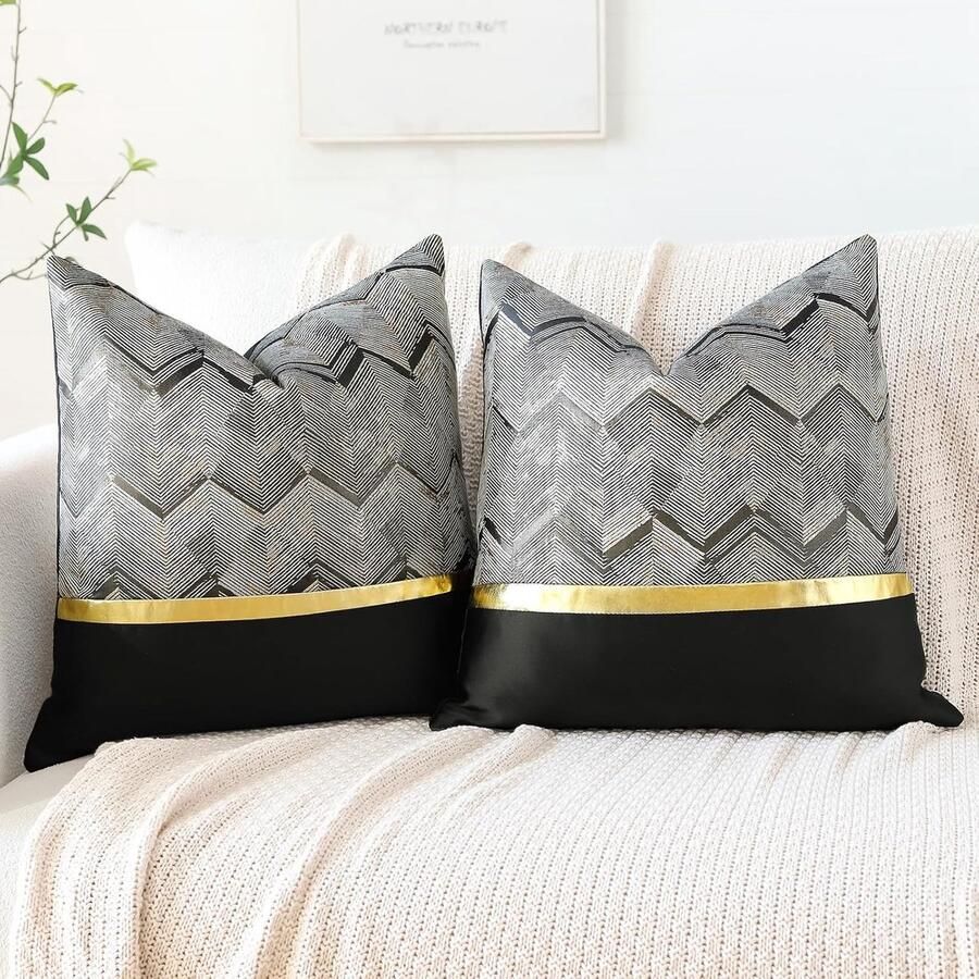Set van 2 kussenslopen voor bedbank bank auto decoratie luxe moderne minimalistische gouden lederen naden golvende strepen vierkante kussensloop sierkussenslopen 45 x 45 cm (zwart)