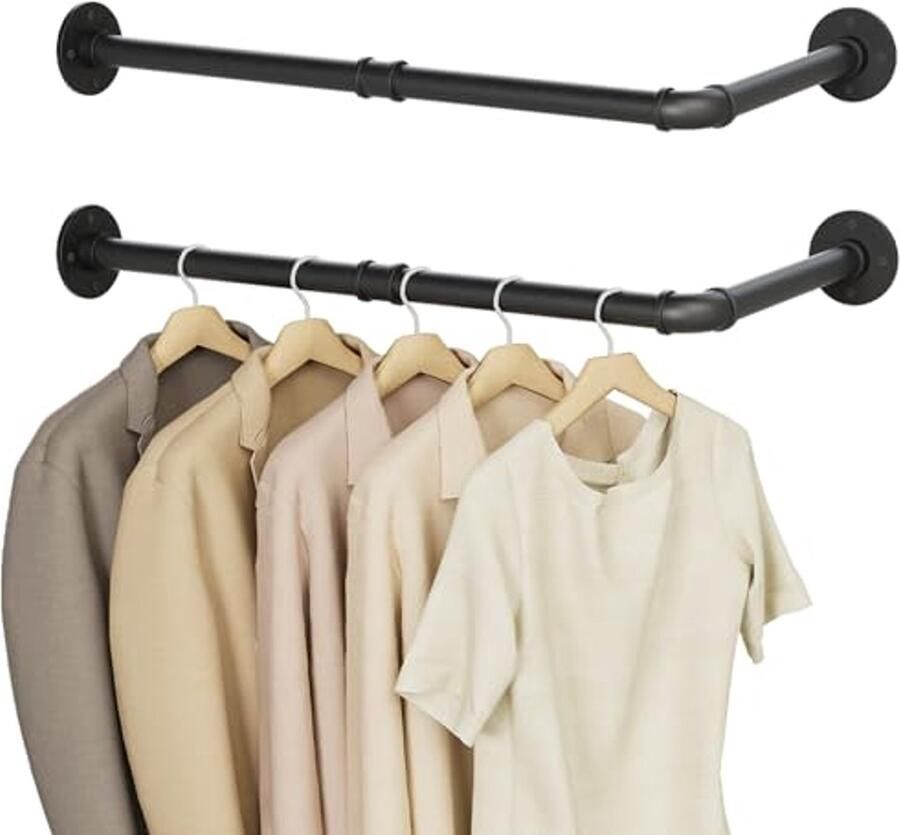 Set van 2 L-vormige wandgarderobes Roestvrijstalen kledingstandaard voor badkamer keuken en hal 60 x 30 cm Zwart