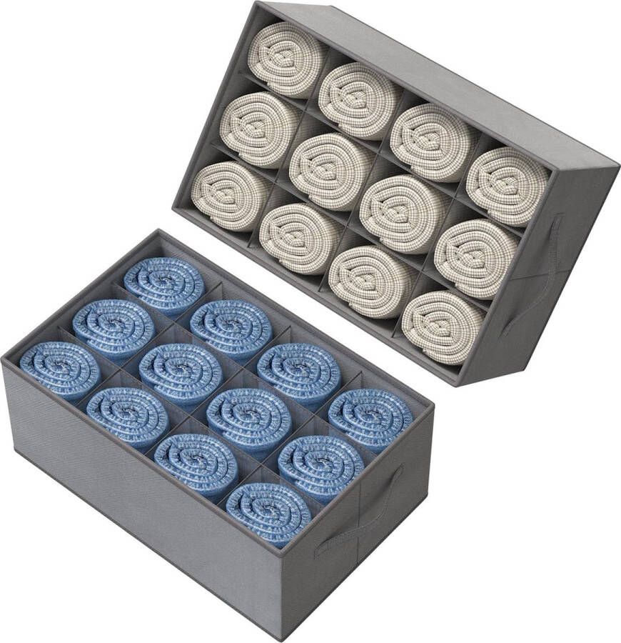 Set van 2 lade-organizer kledingkastopbergdozen 12 cellen opvouwbare kledingopbergdozen met handvat organisatiesysteem lade-organizer voor sokken broeken sjaals jeans grijs