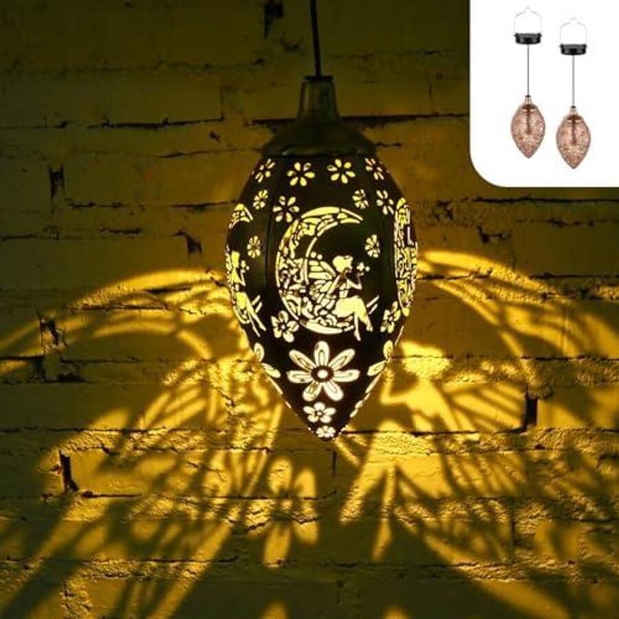 Set van 2 Lampen op Zonne-Energie – Hangende Solarverlichting voor Buiten – Waterdichte Tuindecoratie met Mooi Patroon (Fee)