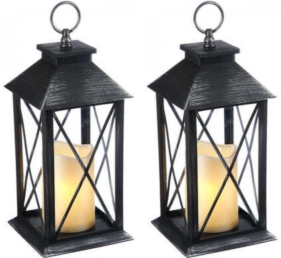 Set van 2 Landelijke Tuinlantaarn met LED Kaars op Batterijen Tuinverlichting Sfeerverlichting Zwart Windlicht op Batterijen Tafellamp voor Buiten met Vlameffect