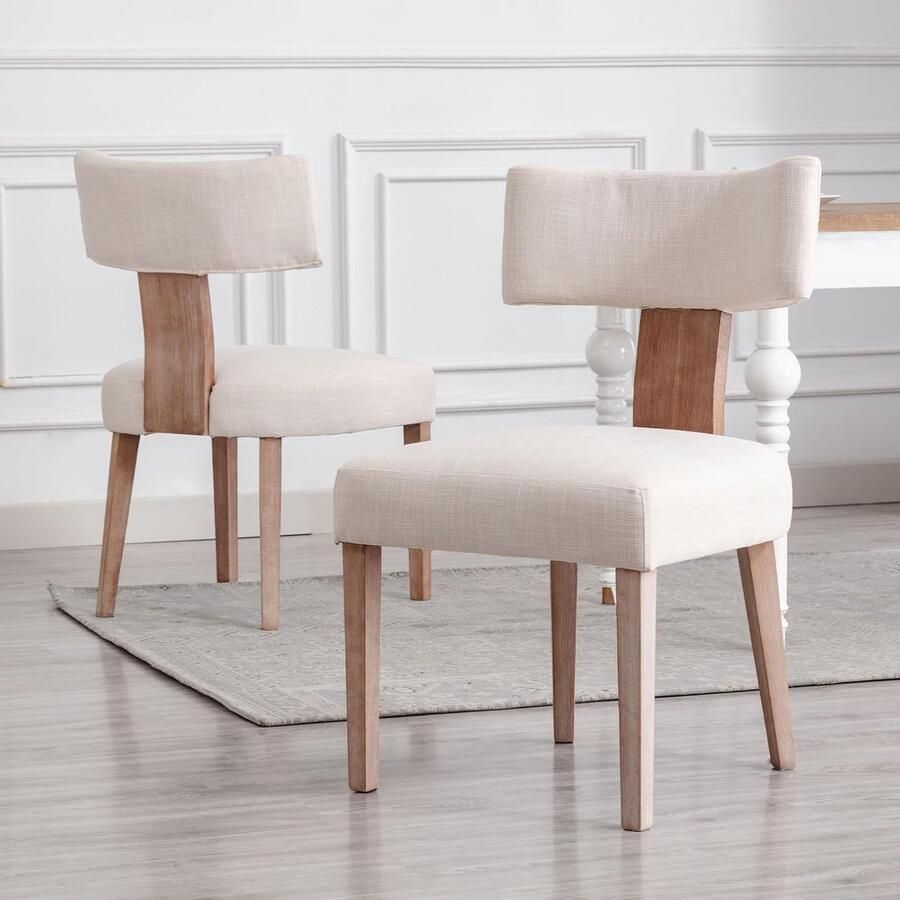 Set van 2 Linnen Eetkamerstoelen Comfortabele Gestoffeerde Keukenstoelen zonder Armleuningen (Beige)